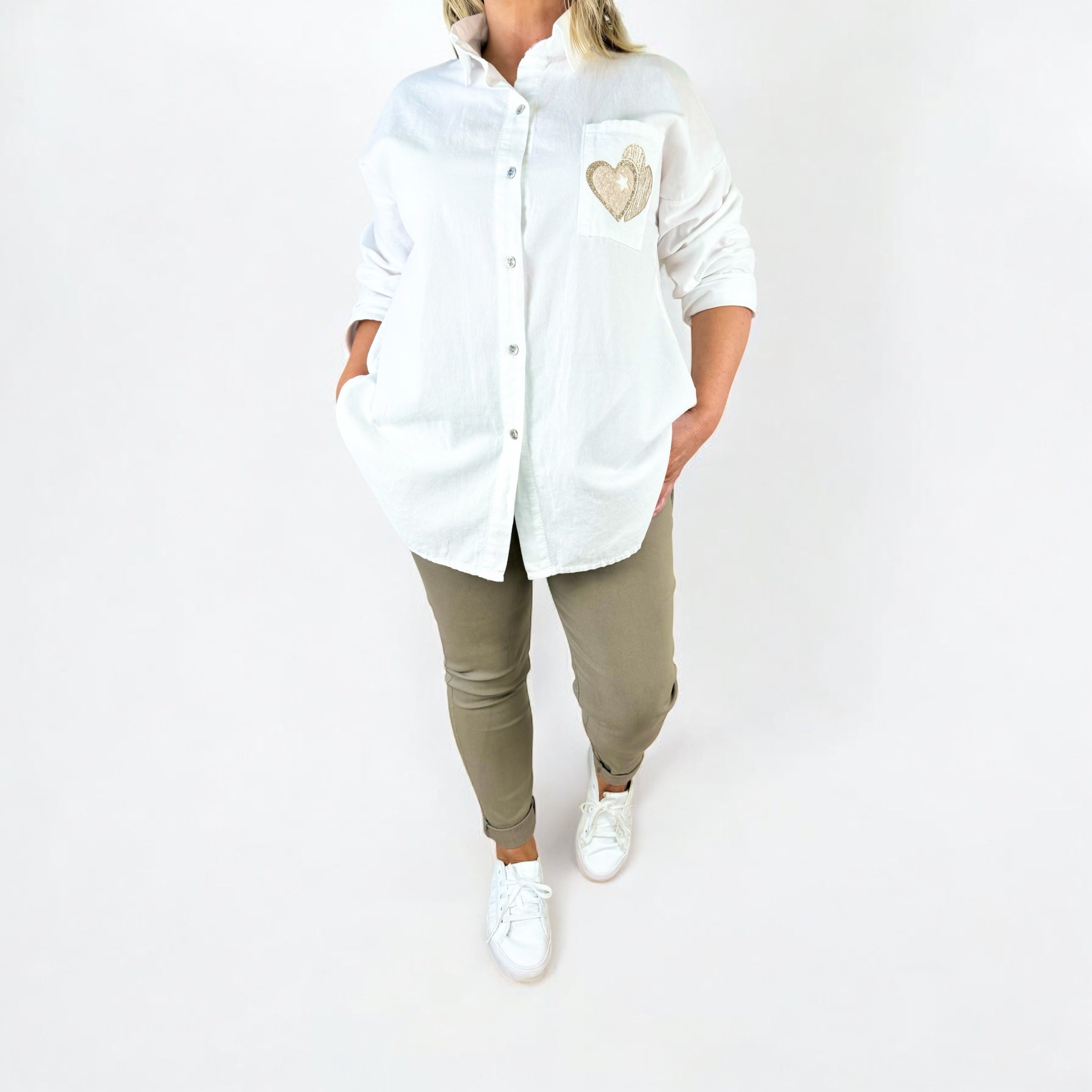 Pure Cotton Needlecord Gold Stitch Heart Pocket Shirt - White