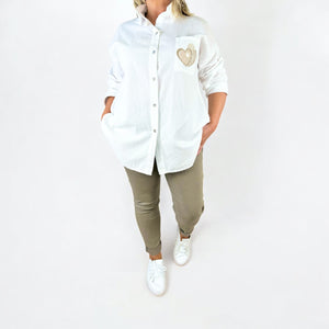 Pure Cotton Needlecord Gold Stitch Heart Pocket Shirt - White