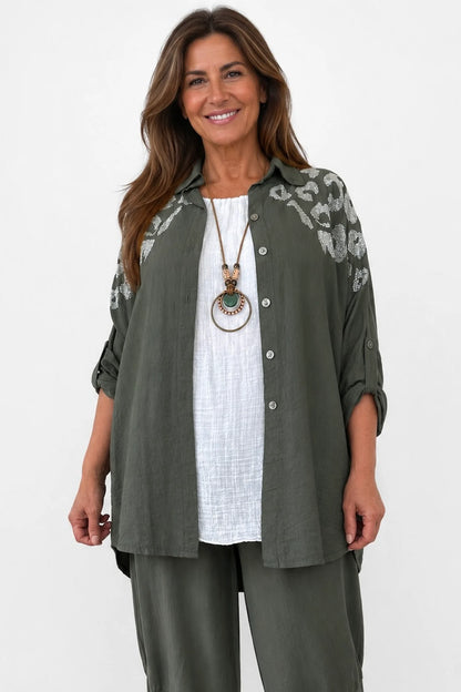 Premium Stitch Diamanté Button Sleeve Michaela Shirt - Khaki