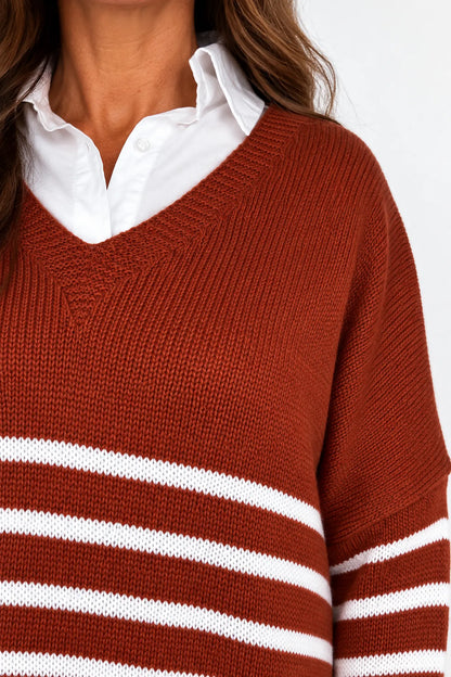Wool Mix Stripped Diana Top - Burnt Orange
