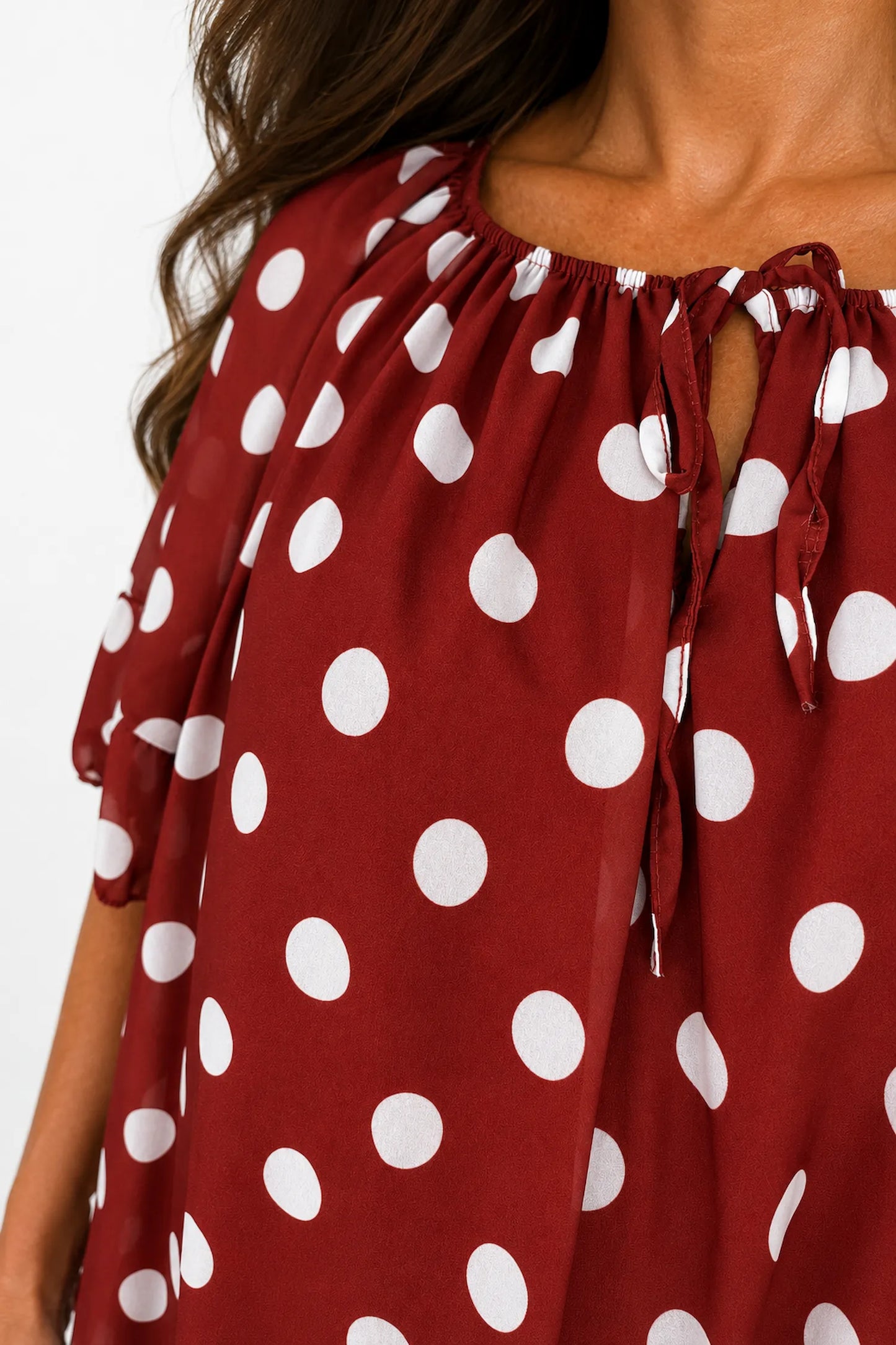 Tied Detail Fully Lined Polka Dot Elasticated Hem Francis Chiffon Top - Terracotta Red