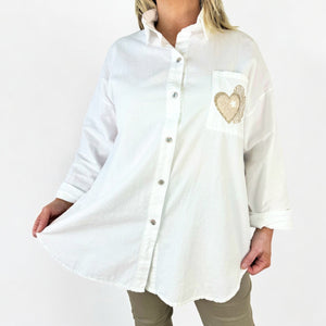 Pure Cotton Needlecord Gold Stitch Heart Pocket Shirt - White