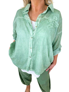 Pure Cotton Alessandra Flower Back Detail Button Sleeve Shirt - Sage Green