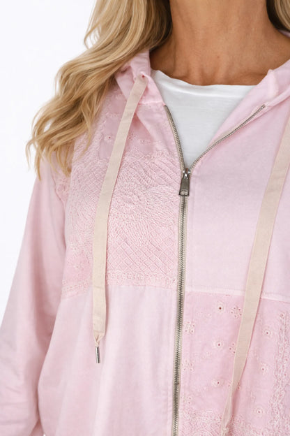 Cotton Embroidery Anglaise Drawstring Hem Double Pocket Lorenza Zipped Hoodie - Baby Pink