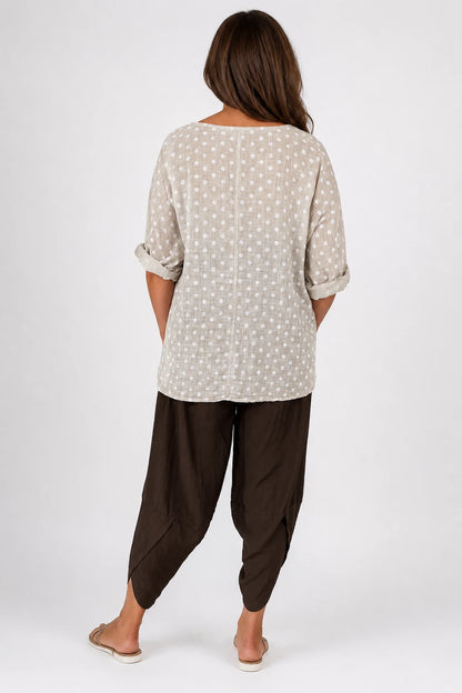 Pure Cotton Polka Dot Mari Necklace Top - Beige