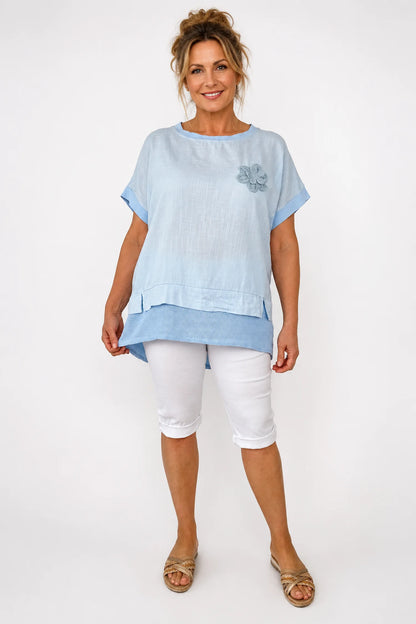 Linen Cotton Mix Mesh Hem Embroidered Flower Tiffany Top - Baby Blue