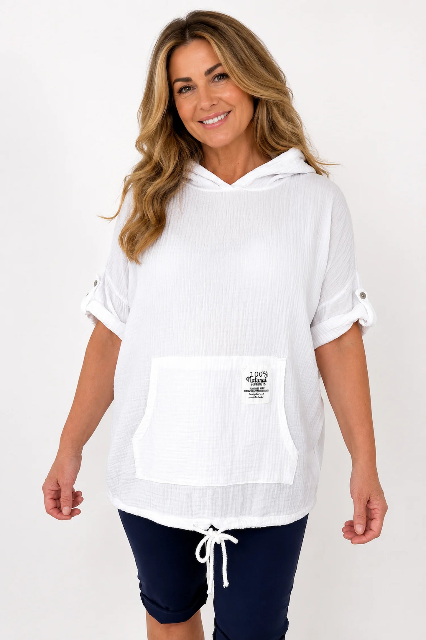 Pure Bubble Cotton Button Sleeve Badge Detail Pocketed Zara Hoodie - White