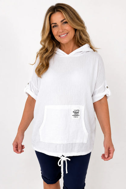 Pure Bubble Cotton Button Sleeve Badge Detail Pocketed Zara Hoodie - White