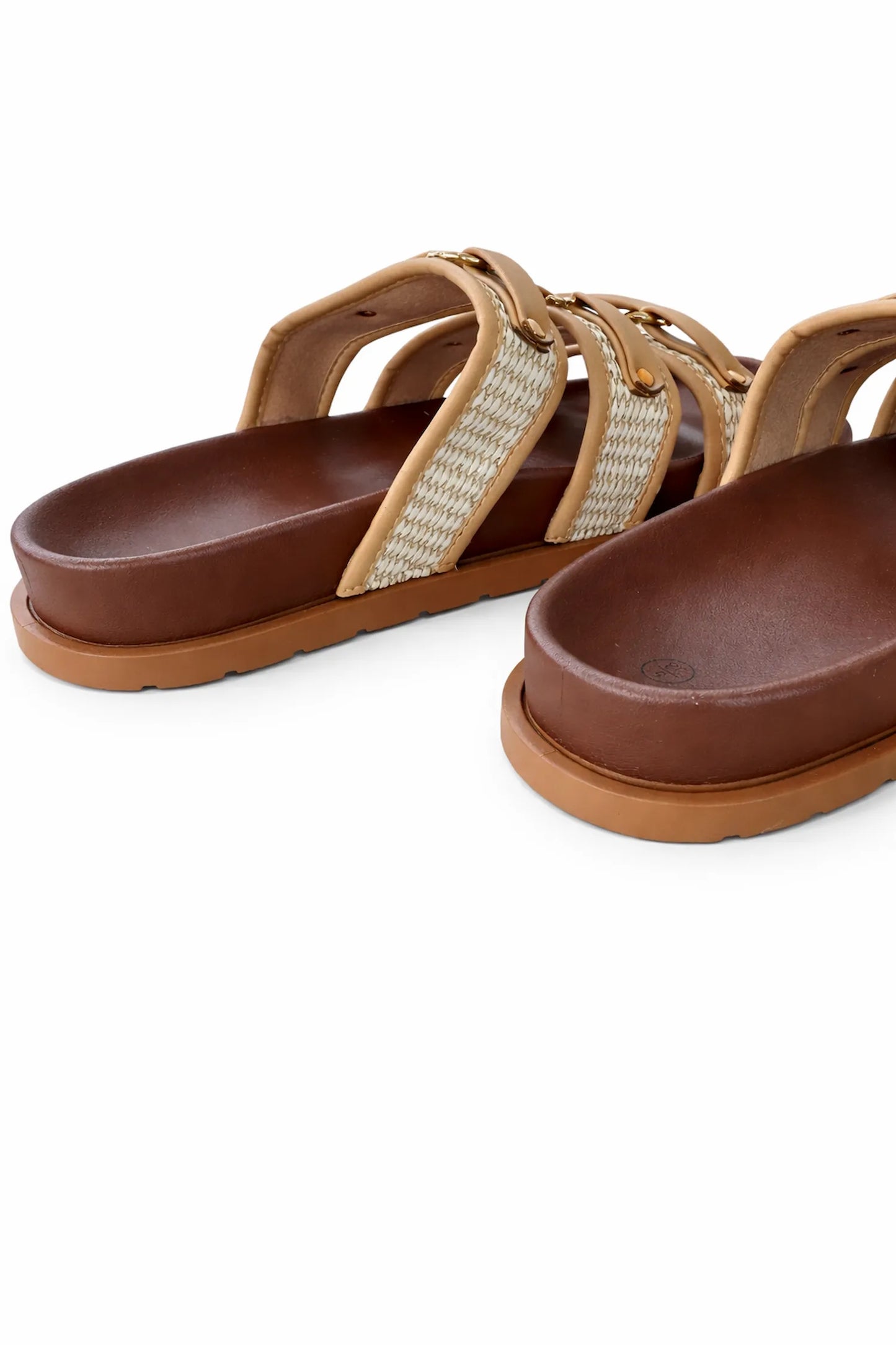Carletta Woven Gold Buckle Slider Sandal - Espresso Tan