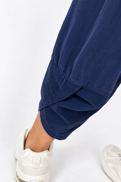 Pure Cotton Needlecord Double Panel Pocket Elasticated Waist Fara Pants - Navy
