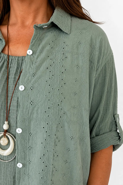 Pure Bubble Cotton Embroidery Anglaise Daphne Button Sleeve Shirt - Khaki