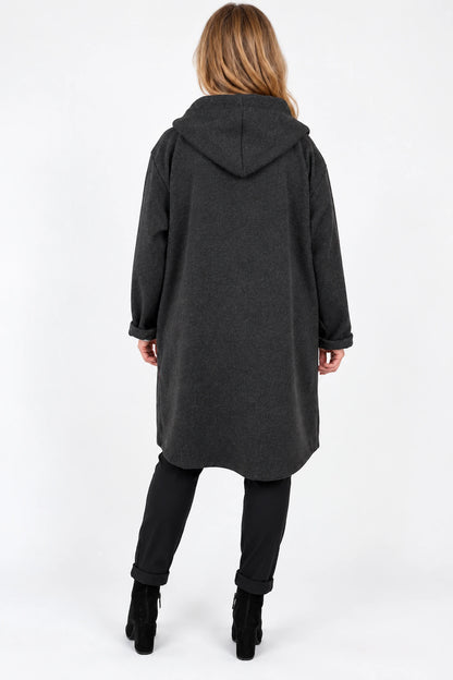 Viera Contrast Trim Double Pocket Drawstring Hooded Button Coat - Black