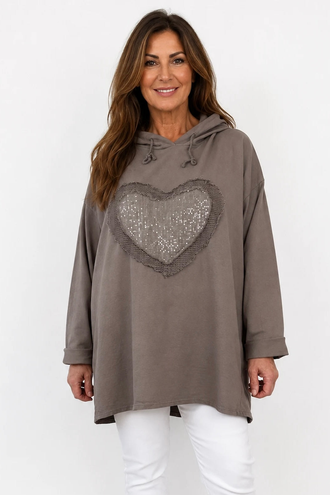 Cotton Sequin Heart Veronica Hoodie - Mocha