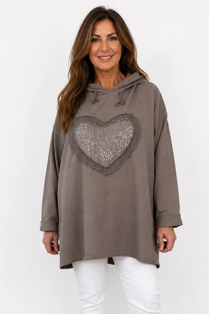 Cotton Sequin Heart Veronica Hoodie - Mocha