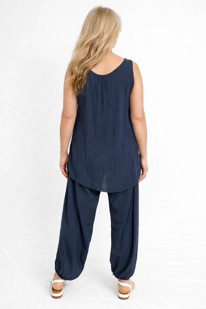 Fully Lined Cotton Italia Necklace Vest - Navy