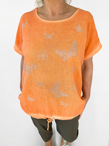 Linen Mix Diamanté Butterfly Tied Detail Top - Orange