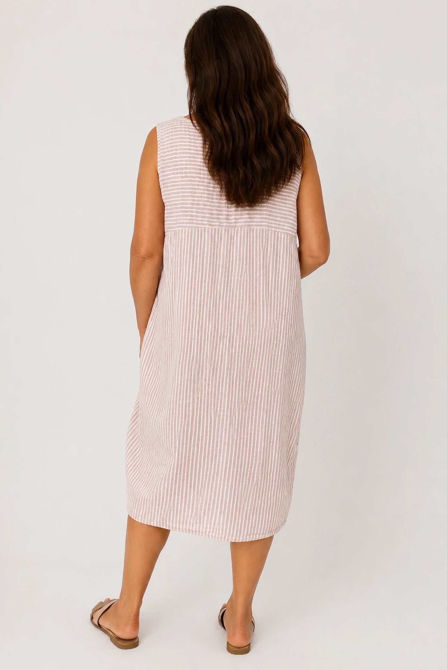 Cotton Double Pocket Pinstripe Elizabeth Dress - Rosewood Pink