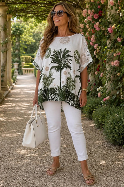 Embroidered Floral Crochet Sleeve Palm Top - Jungle Green