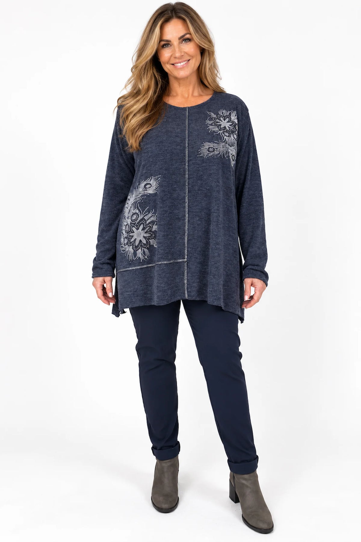 Wool Mix Diamanté Silver Stitch Ciana Top - Navy
