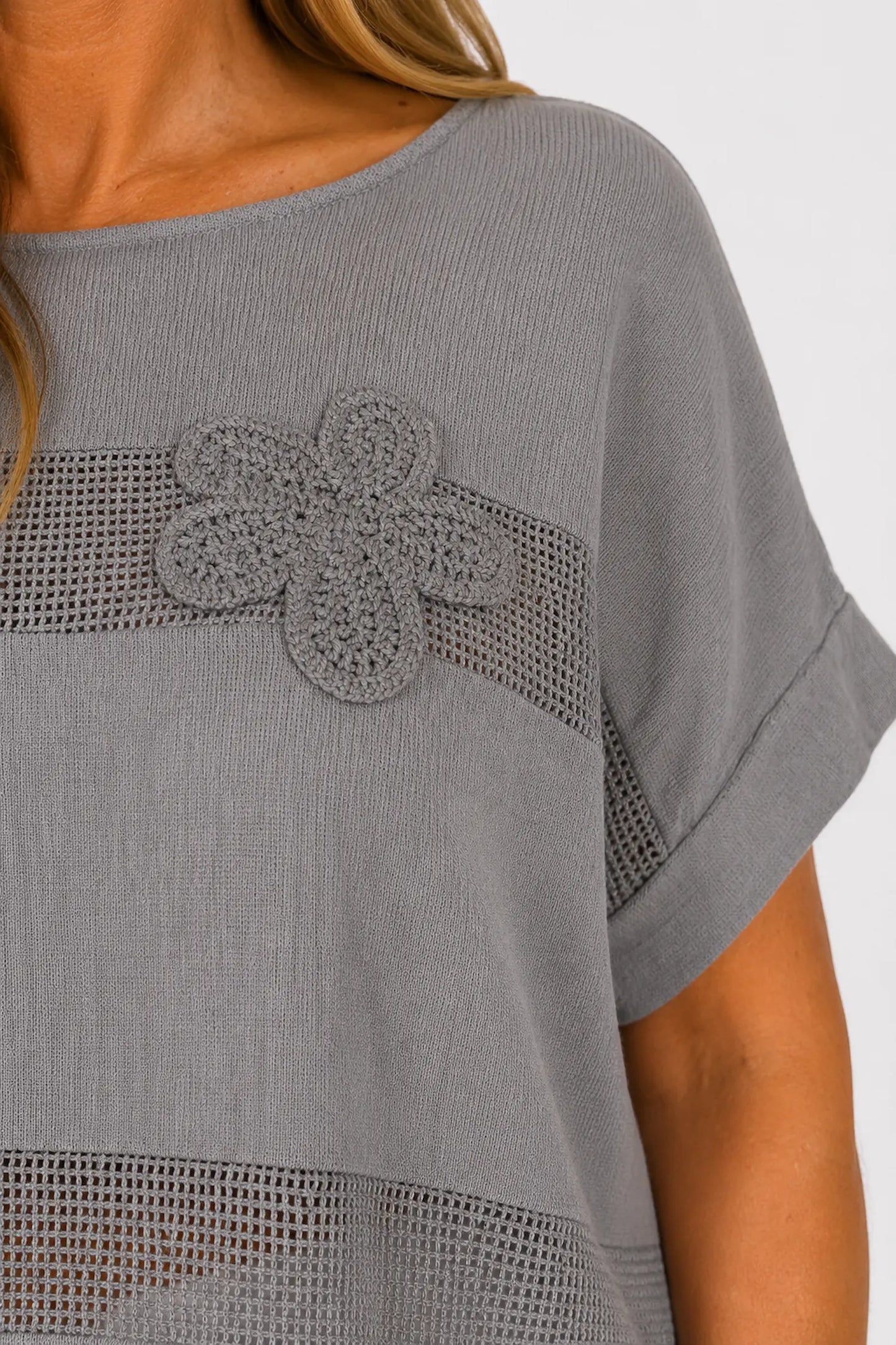 Pure Cotton Embroidered Flower Mesh Detail Capari Top - Mocha
