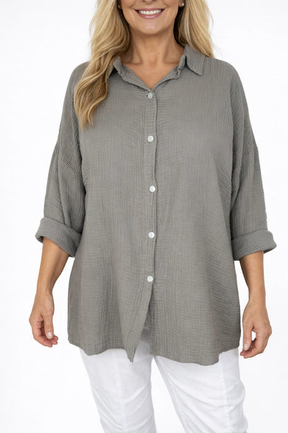 Pure Bubble Cotton Mesh Sleeve/Back Detail Celeste Button Shirt - Mocha