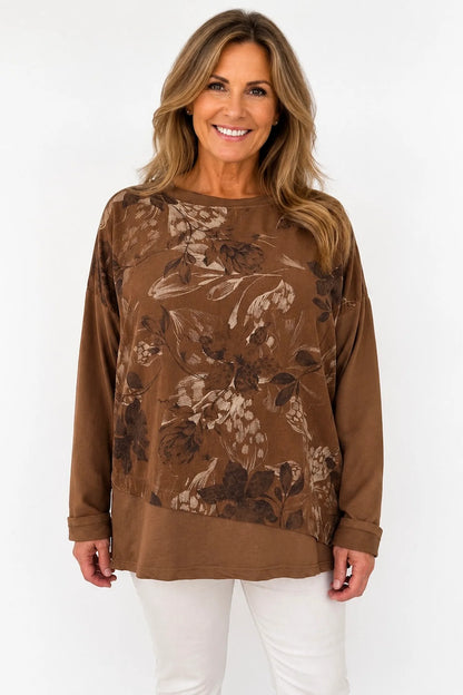 Cotton Needlecord Floral Dianna Top - Caramel