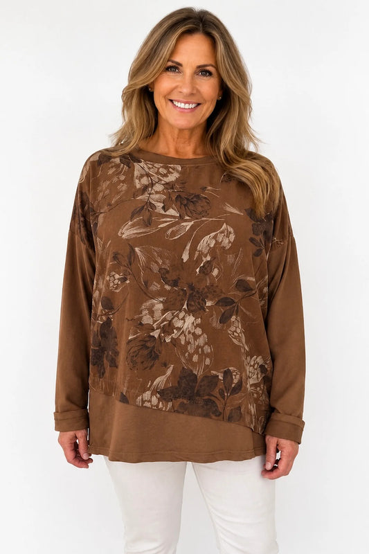 Cotton Needlecord Floral Dianna Top - Caramel
