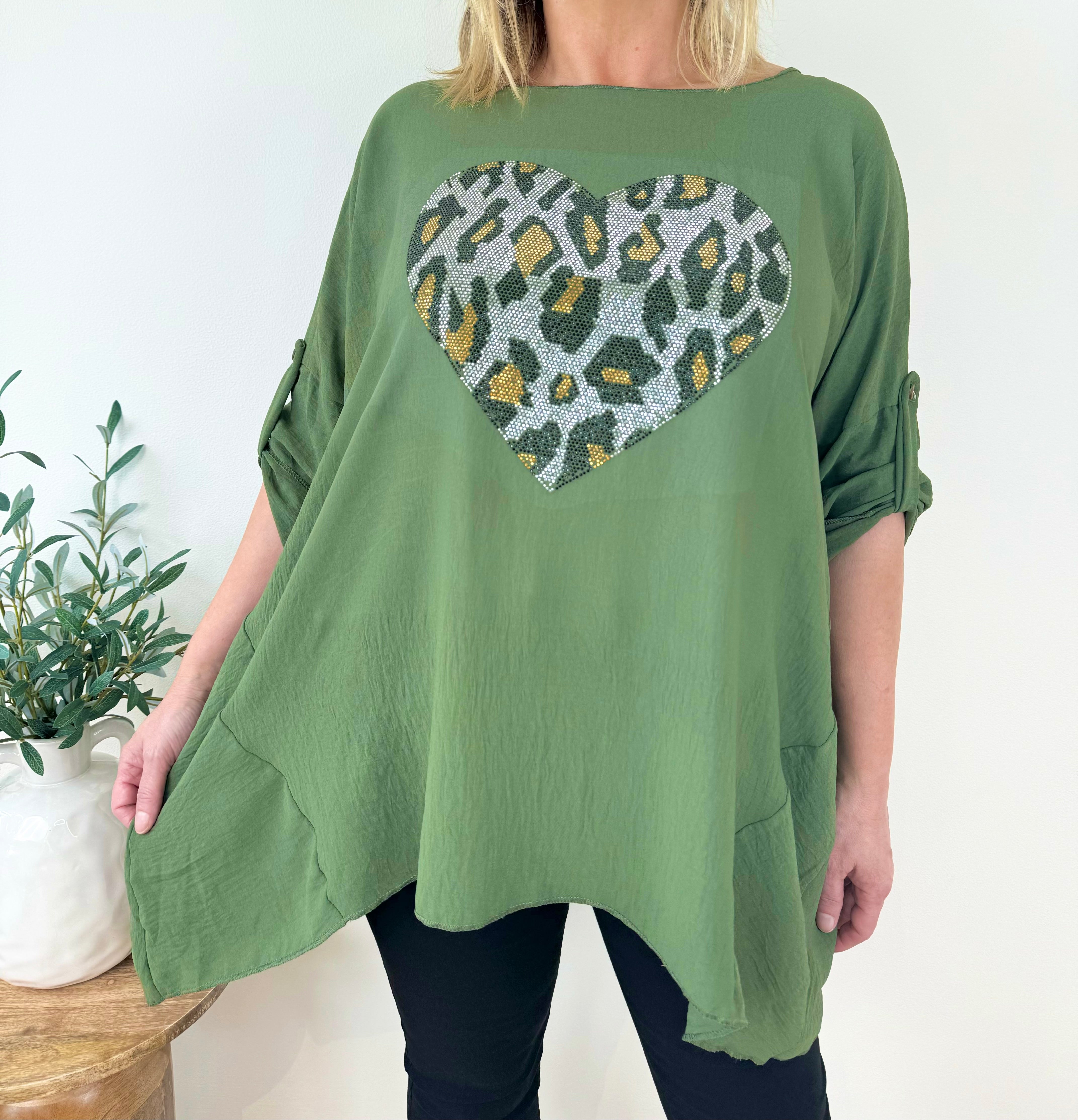 Diamanté Sparkle Animal Heart Button Sleeve Top SS24