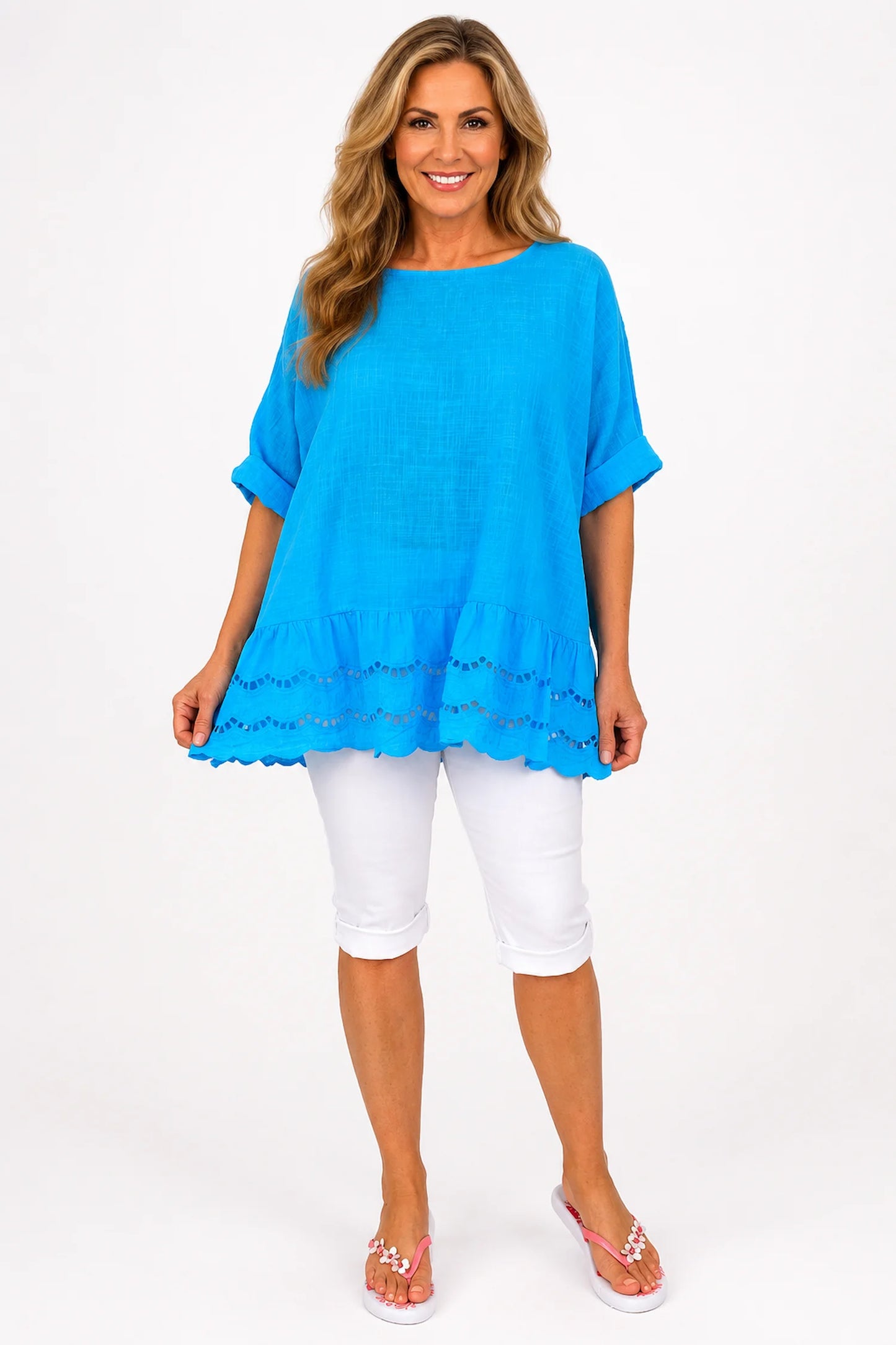 Pure Cotton Embroidery Anglaise Crochet Hem Caprina Top - Turquoise