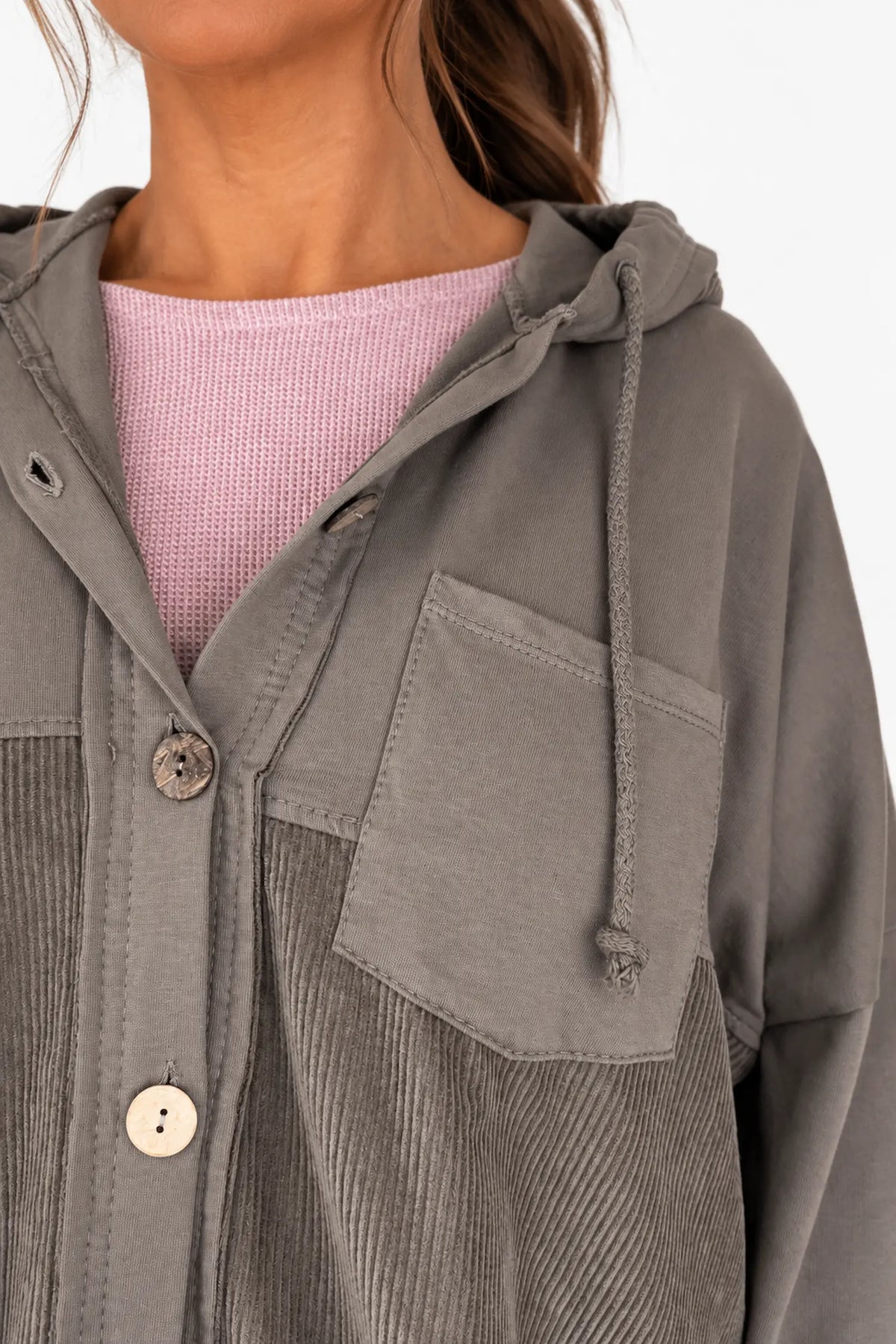 Pure Cotton Cord Patch Pocket Connie Button Hooded Jacket - Mocha