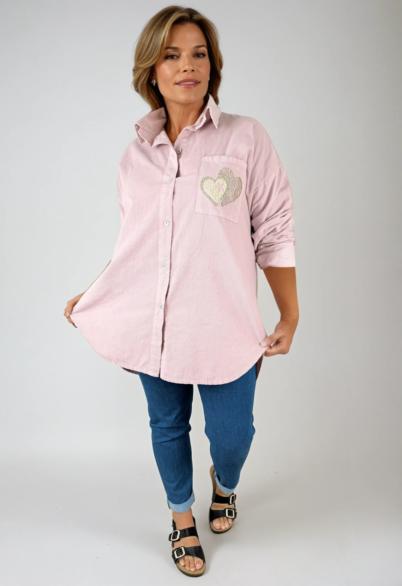 Pure Cotton Needlecord Gold Stitch Heart Pocket Shirt - Dusky Pink