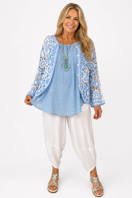 Colette Button Crochet Cardigan - Baby Blue