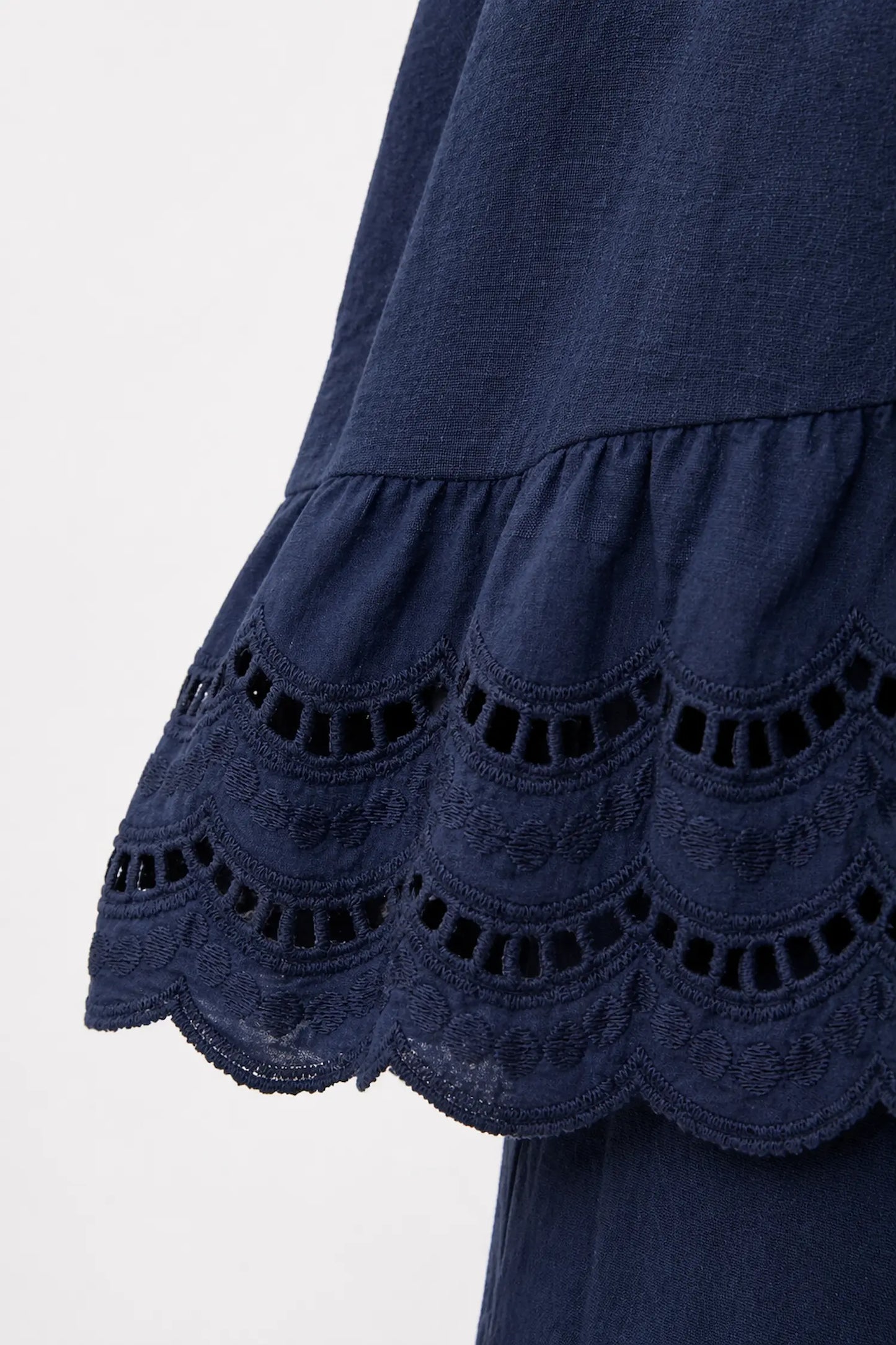 Pure Cotton Embroidery Anglaise Crochet Hem Caprina Top - Navy