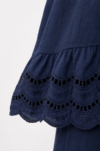 Pure Cotton Embroidery Anglaise Crochet Hem Caprina Top - Navy