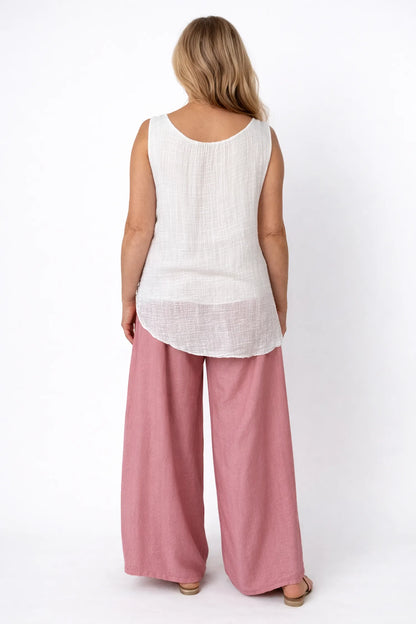 Elasticated Smocked Waist Patch Pocket Milan Wide Leg Pants - Vintage Rose