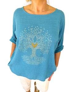 Pure Cotton Diamanté Love Tree Top - Denim