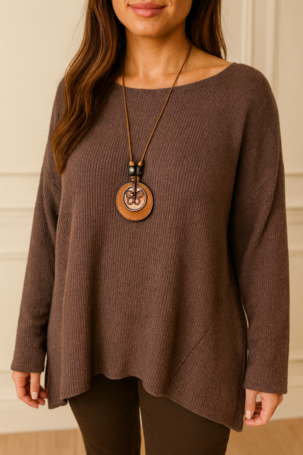 Wool Mix Ribbed Knit Marcela Necklace Top - Chocolate