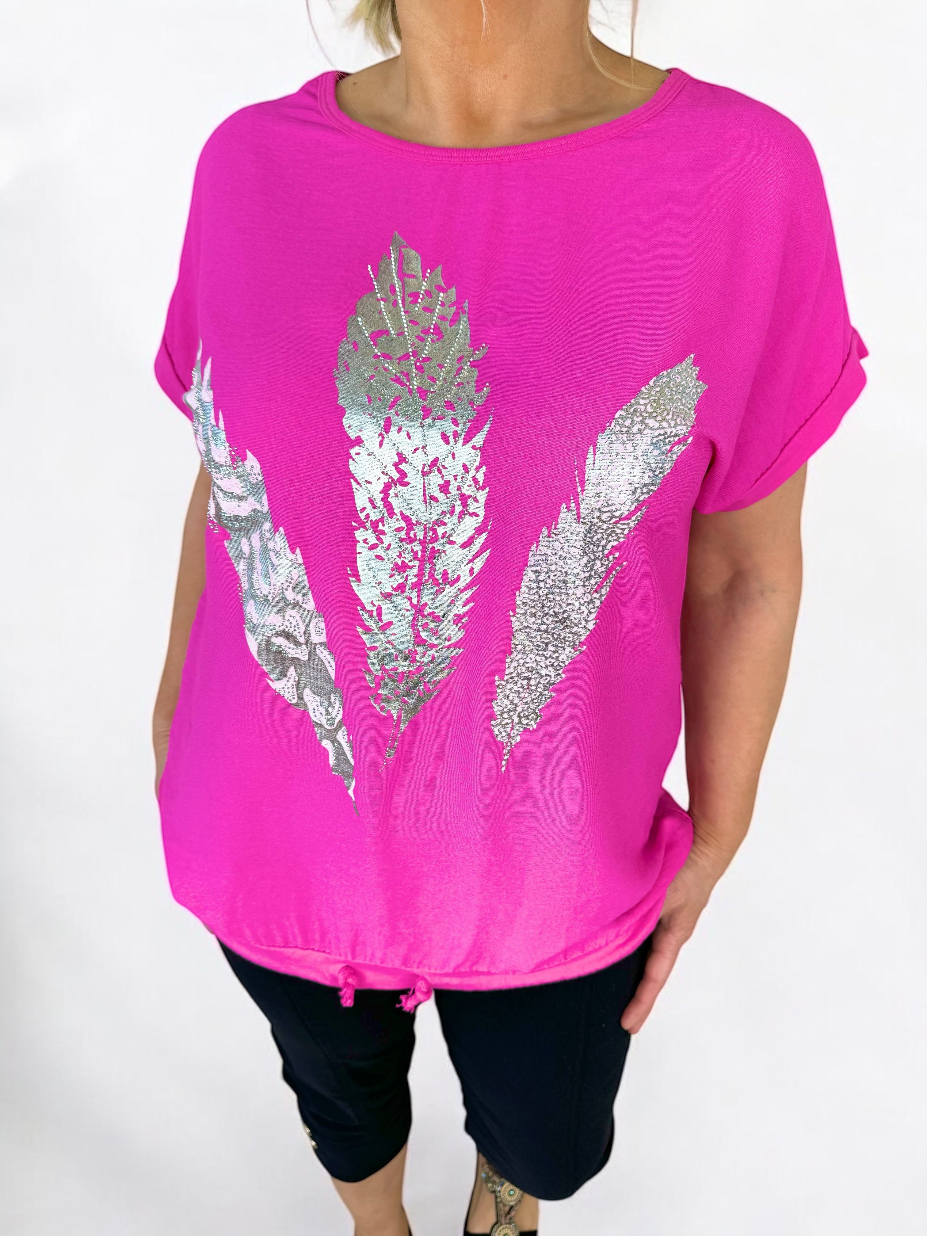 Cotton Metallic Feather Top - Lipstick Pink