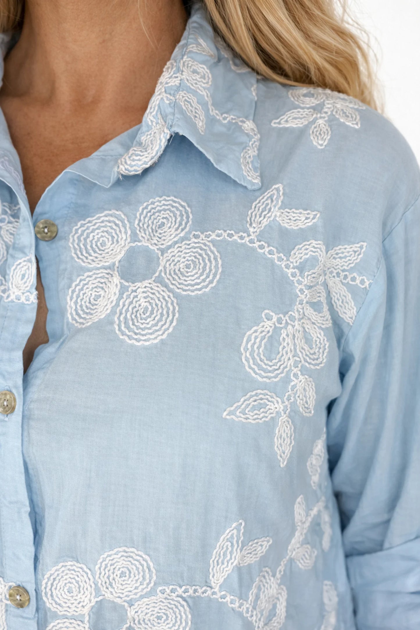 Pure Cotton Embroidered Flower Button Sleeve Valentina Button Shirt - Baby Blue