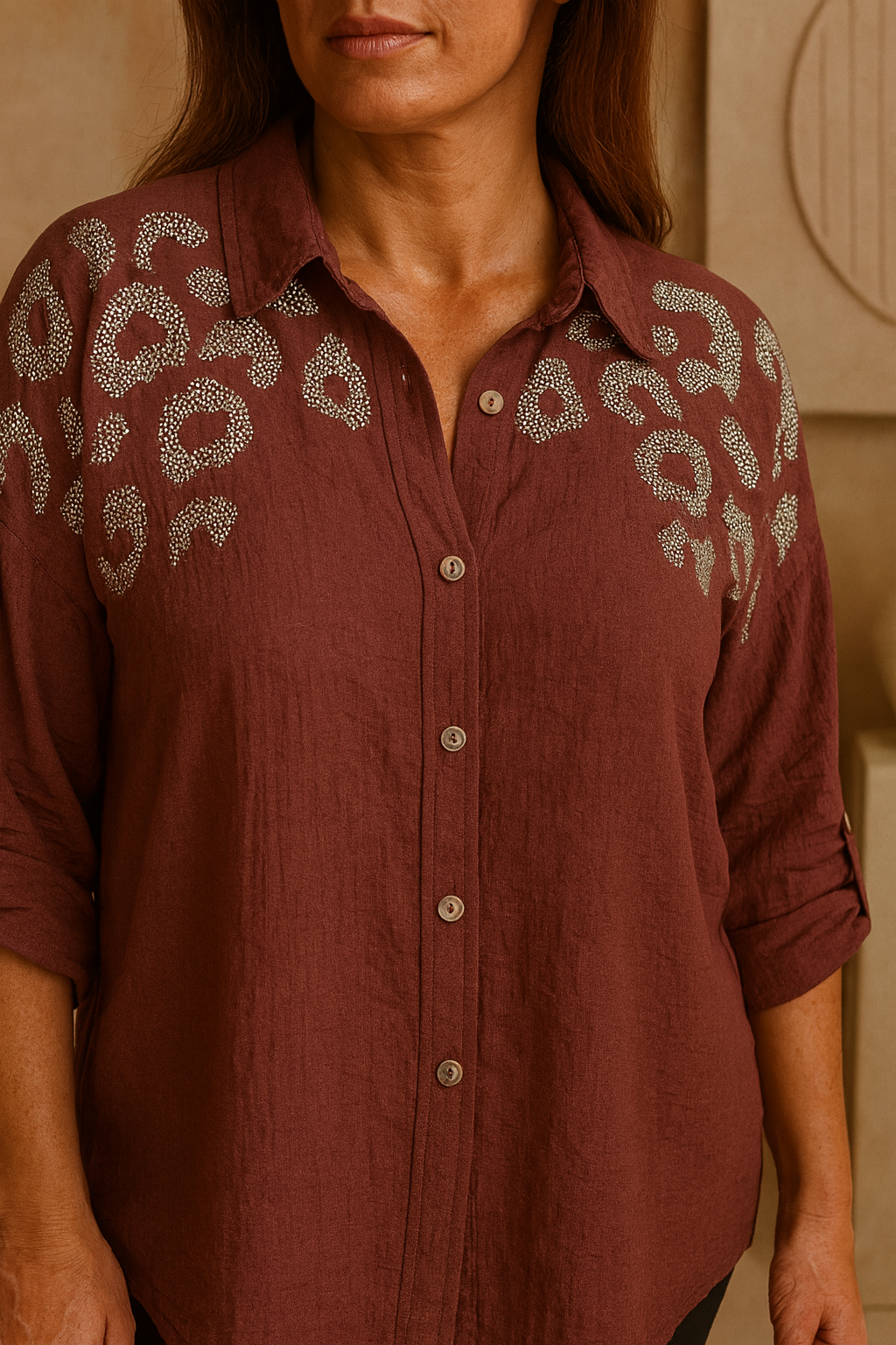 Premium Stitch Diamanté Leopard Celeste Button Sleeve Shirt - Wine