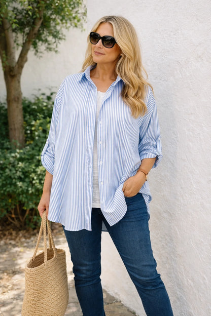 Cotton Button Sleeve Marnie Stripe Button Shirt - Light Denim