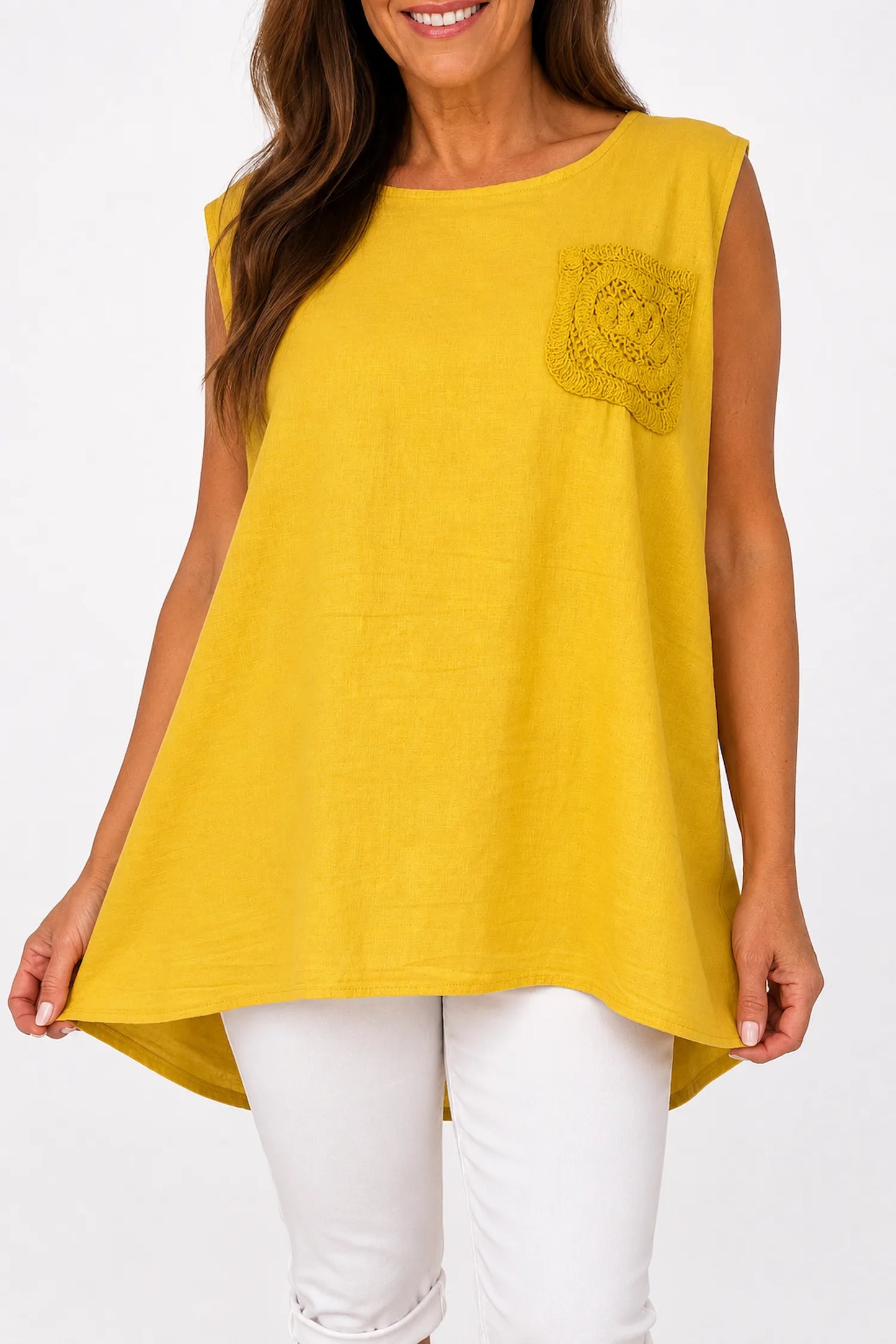 Linen Cotton Mix Button Back Embroidered Crochet Pocket Primrose Vest - Mustard