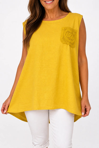 Linen Cotton Mix Button Back Embroidered Crochet Pocket Primrose Vest - Mustard