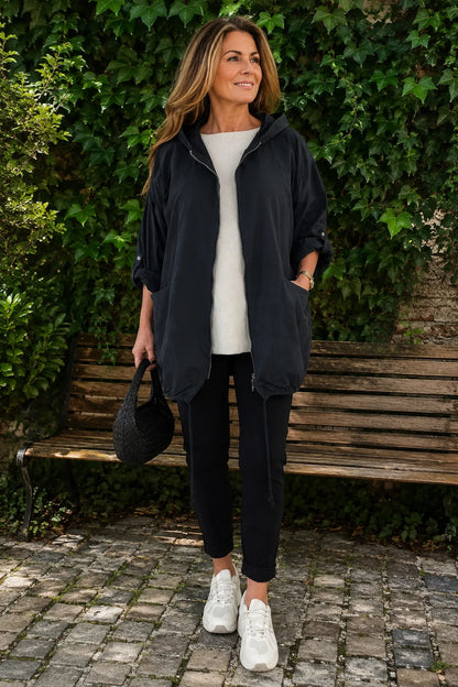Button Sleeve Double Pocket Drawstring Hem Zipped Emila Hooded Jacket - Black