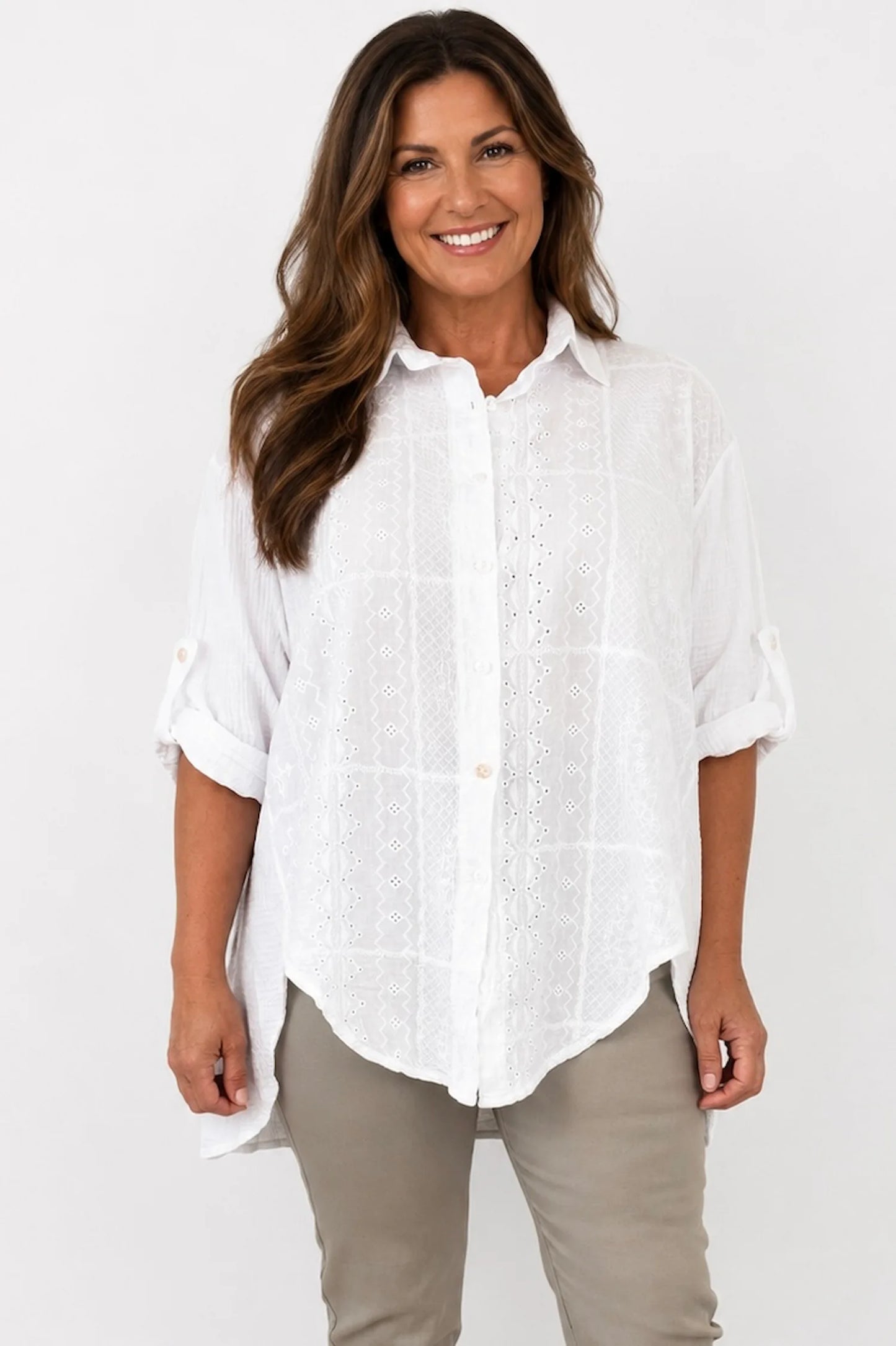 Pure Bubble Cotton Embroidery Anglaise Daphne Button Sleeve Shirt - White