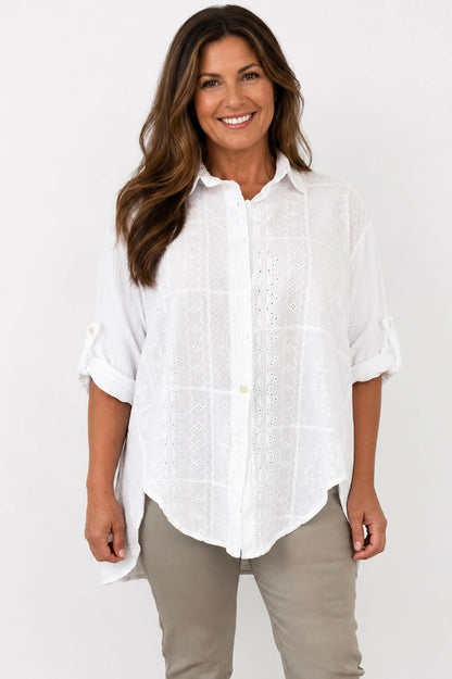 Pure Bubble Cotton Embroidery Anglaise Daphne Button Sleeve Shirt - White
