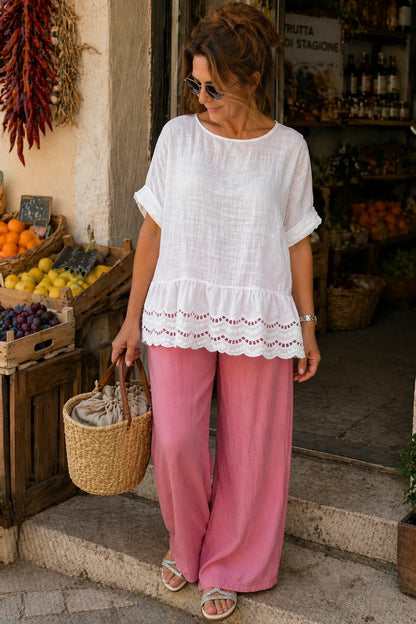 Pure Cotton Embroidery Anglaise Crochet Hem Caprina Top - White
