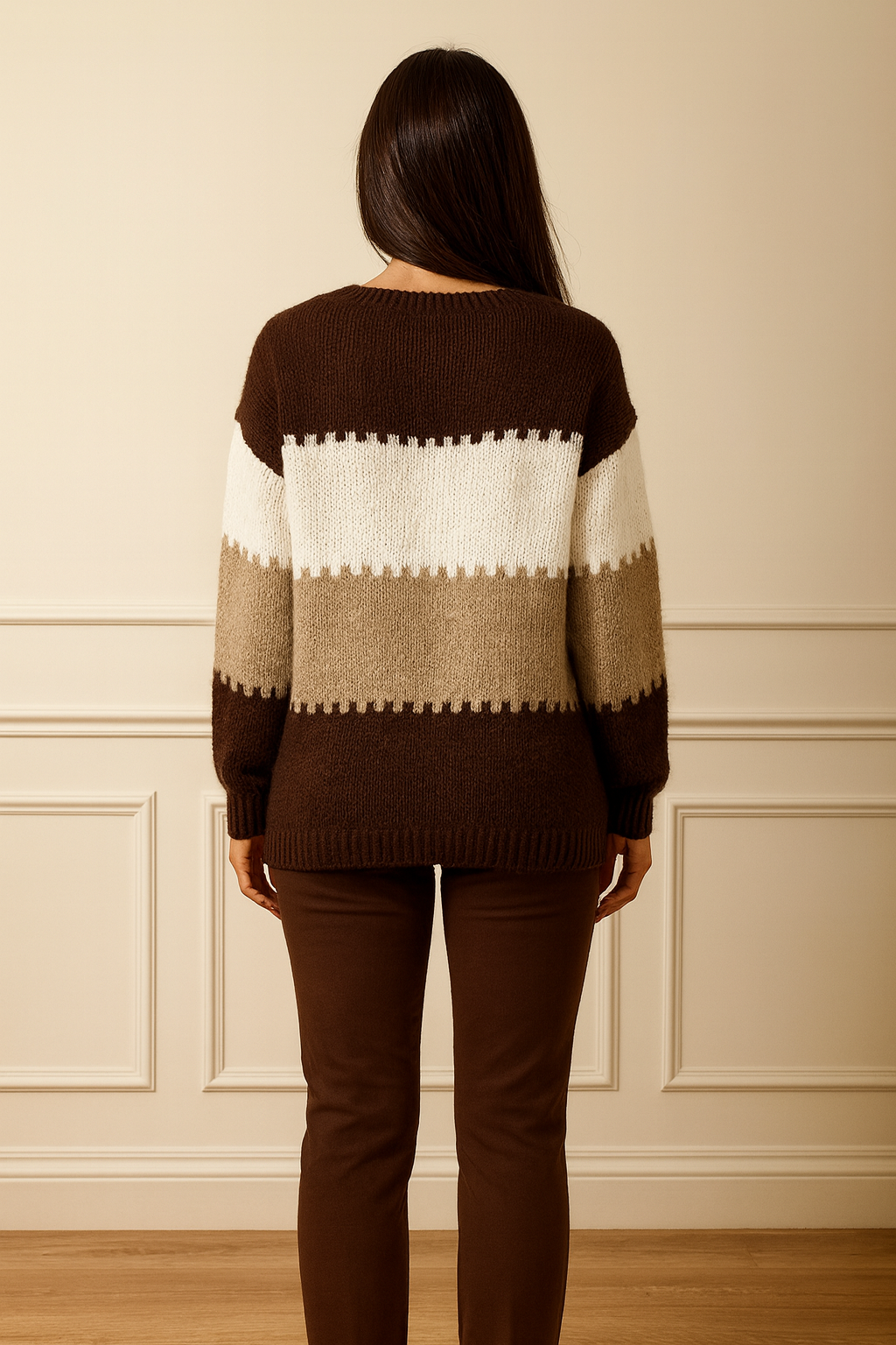 Multi-Tone Sarice Knit Jumper - Chocolate/Cream/Beige