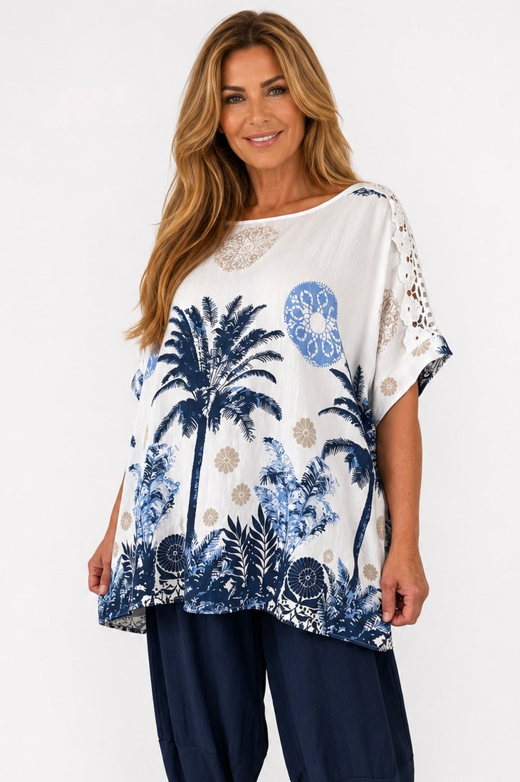 Embroidered Floral Crochet Sleeve Palm Top - Ocean Waves