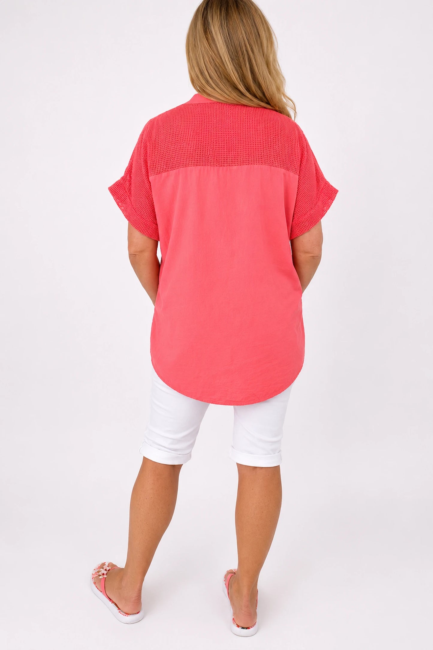Pure Cotton Embroidered Floral Detail Mesh Sleeve/Back Lucia Shirt - Watermelon